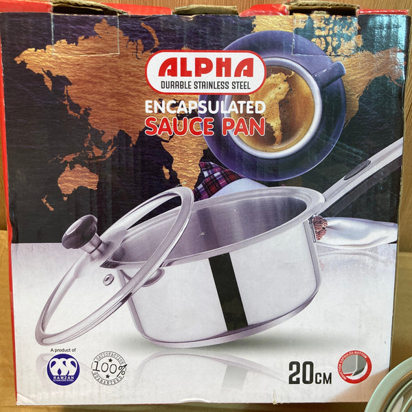 Alpha Durable Stainless Steel Sauce Pan With Glass Lid 20cm
