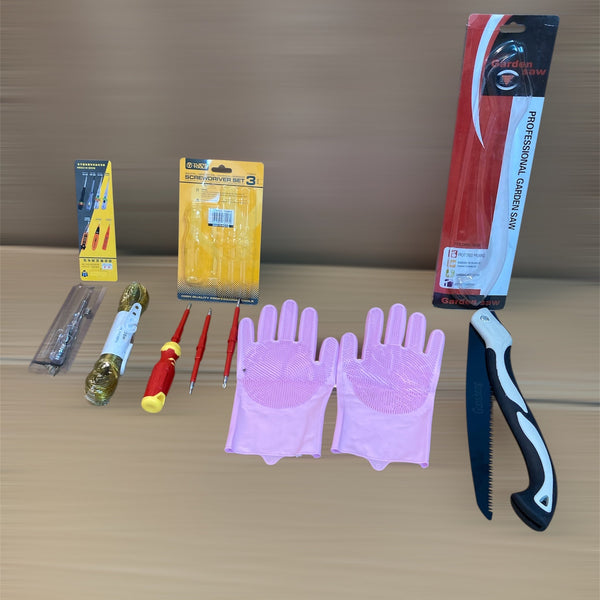 Ultimate Home Essentials Combo – Hand Saw, Silicone Gloves, Screwdriver Set, Drying Wire & Electrical Tester