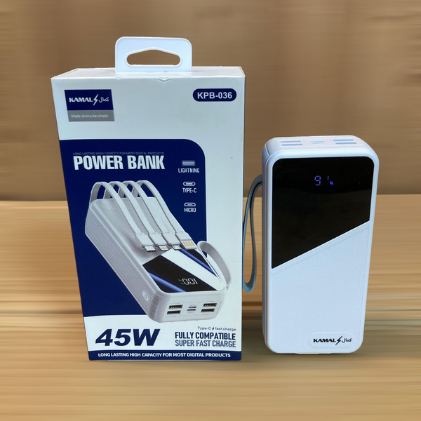 Kamal 45W Super Fast 4Built-in Cables Charging Power Bank 30,000mAh KPB-036